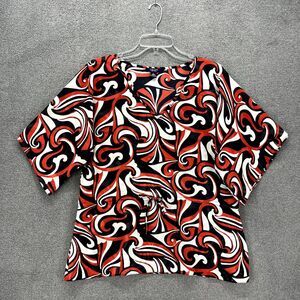 Chaps Top Womens Large Black Red White Short‎ Sleeve Sheer V Neck Blouse